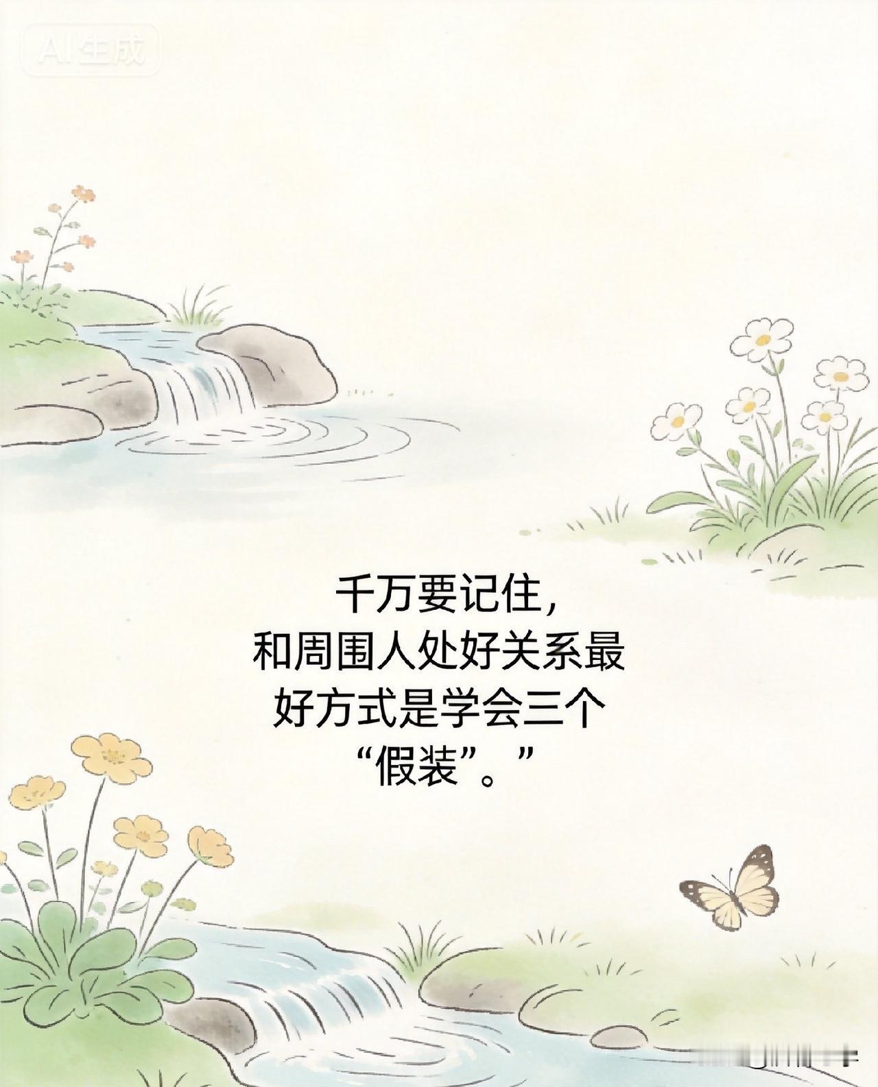 千万要记住，和周围人处好关系最好方式是学会三个“假装”：1.假装不在乎得失。2.