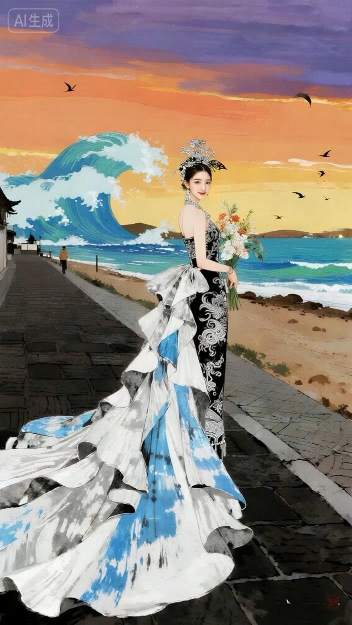 七绝●海岛采风/古韵   

婚纱耀眼海边东，
手捧鲜花喜采风。
碧浪朝霞欢海鸟