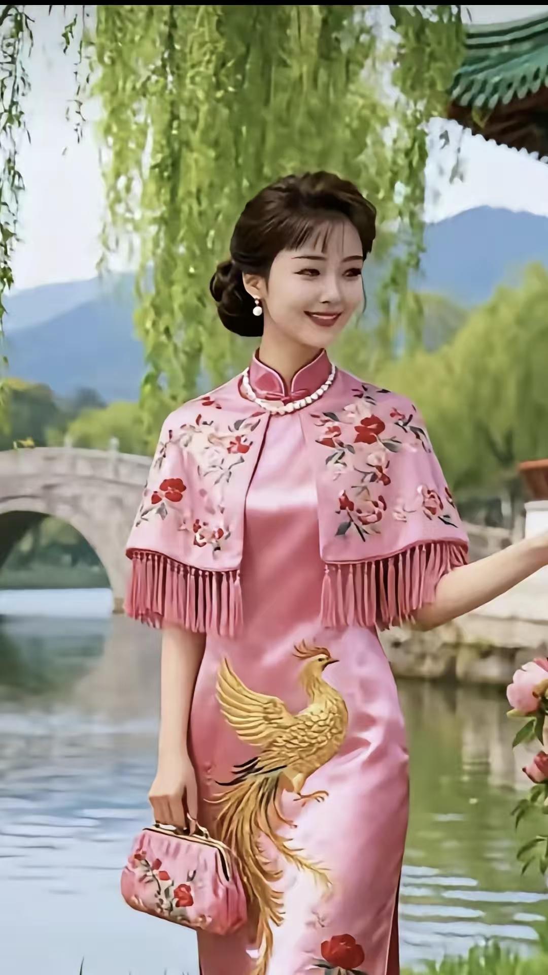 忆秦娥·旗袍映春
芳姿绝，
粉缎裁就春三月。
春三月，
凰栖罗裙，
流苏轻曳。