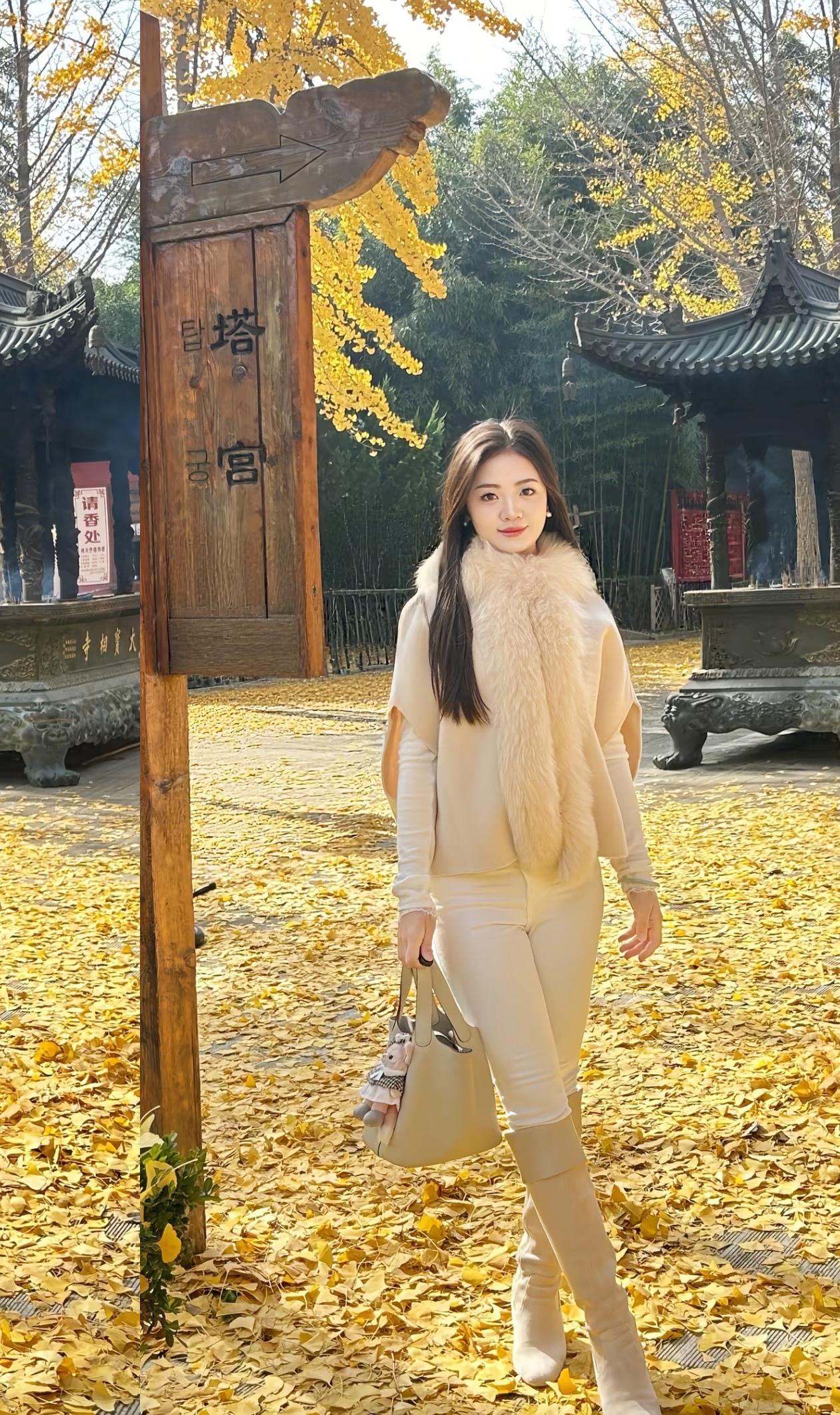 秋叶落满径，美人立芳庭。