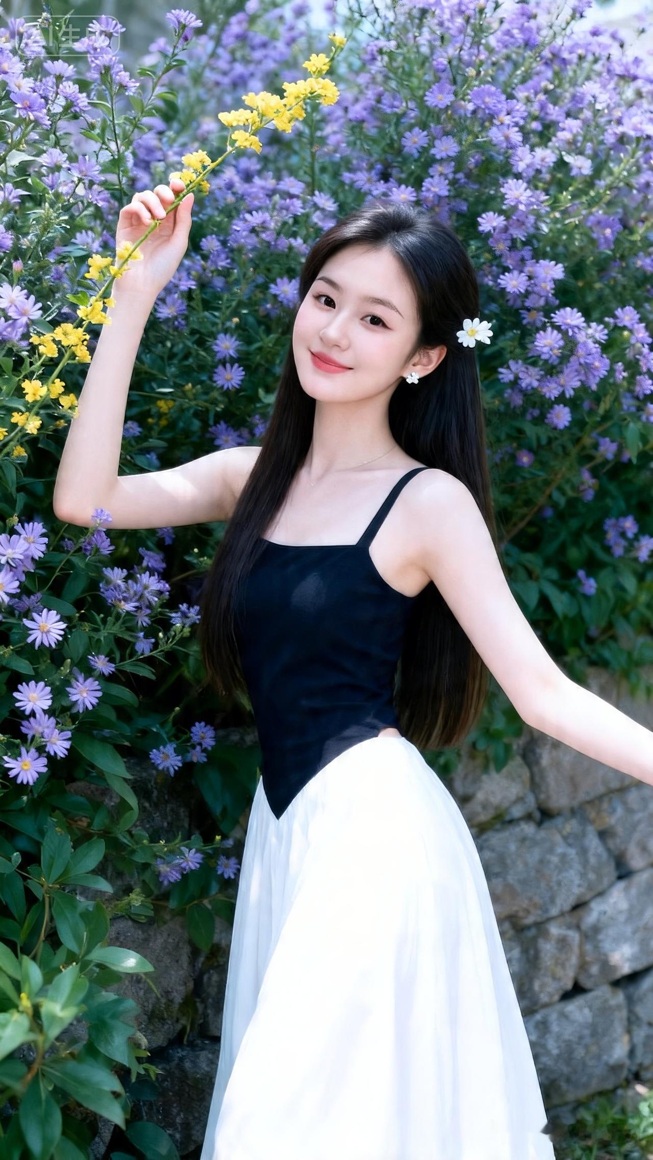 女大学生，冷白皮陶瓷肌，长直发尖下巴，精致妆容。着墨白长裙，戴白花耳钉，立于紫花