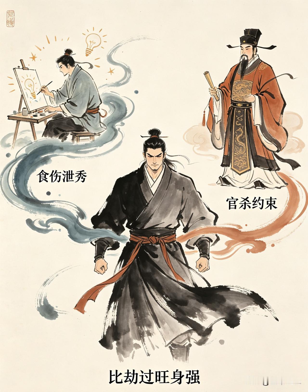 古人认为：比劫过旺身强，两种调和思路：食伤泄秀、官杀约束

传统十神文化中，比劫