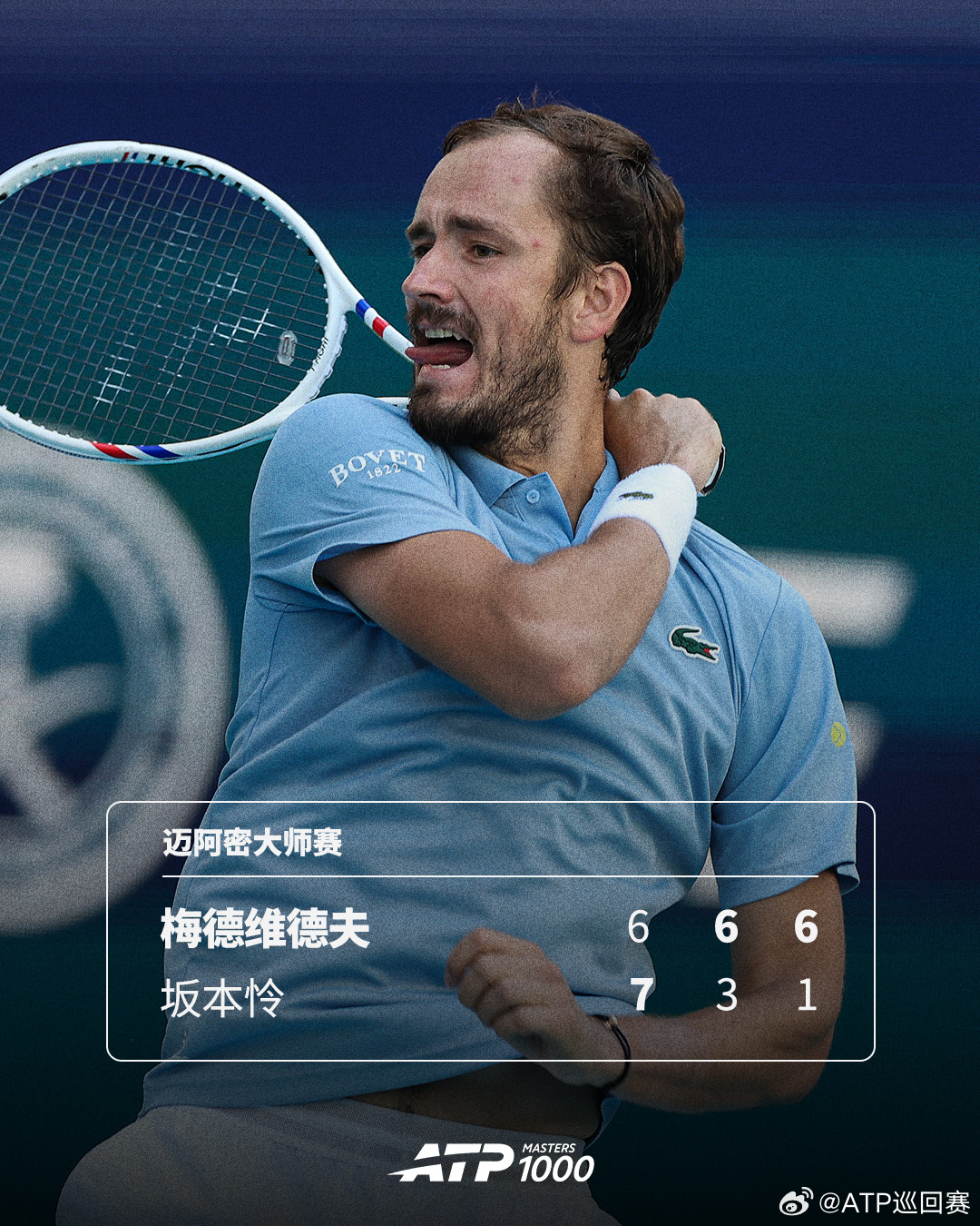 强势逆转💦ATP1000 迈阿密大师赛第二轮，9号种子梅德维德夫小遇挑战，以6