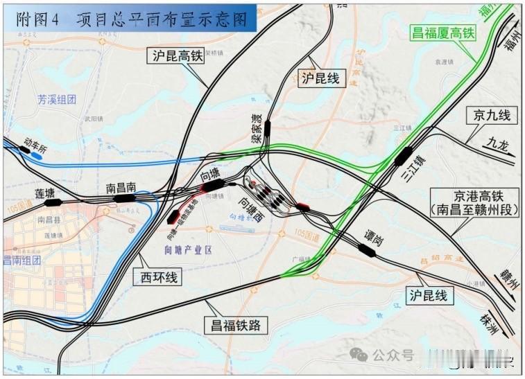 一张图曝光昌福厦高铁线路。
图中很明显，昌福厦高铁从南昌西站引出，同时南昌东站南