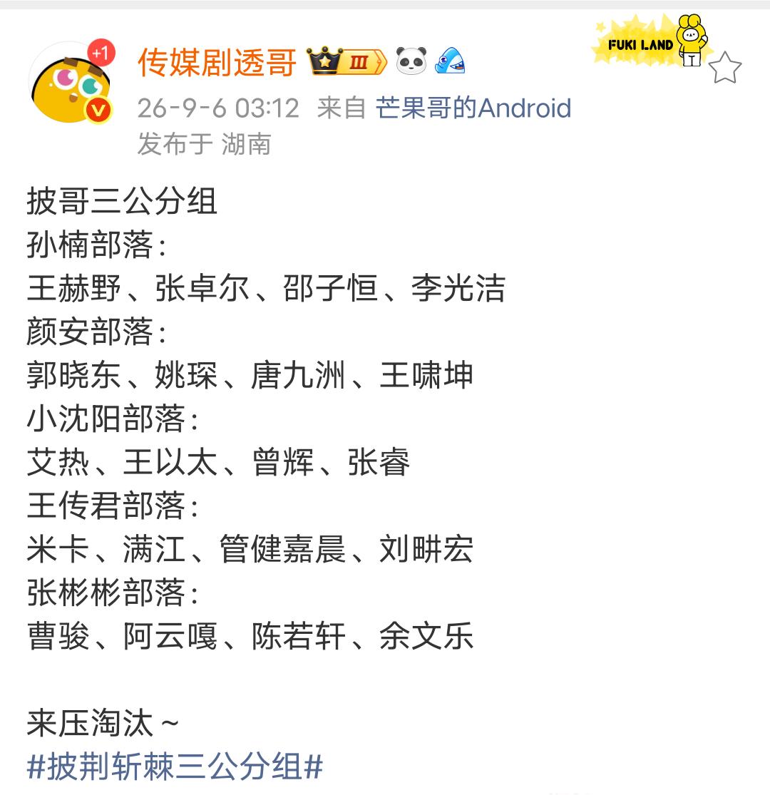 披哥三公分组：
孙楠部落：
王赫野、张卓尔、邵子恒、李光洁
颜安部落：
郭晓东、