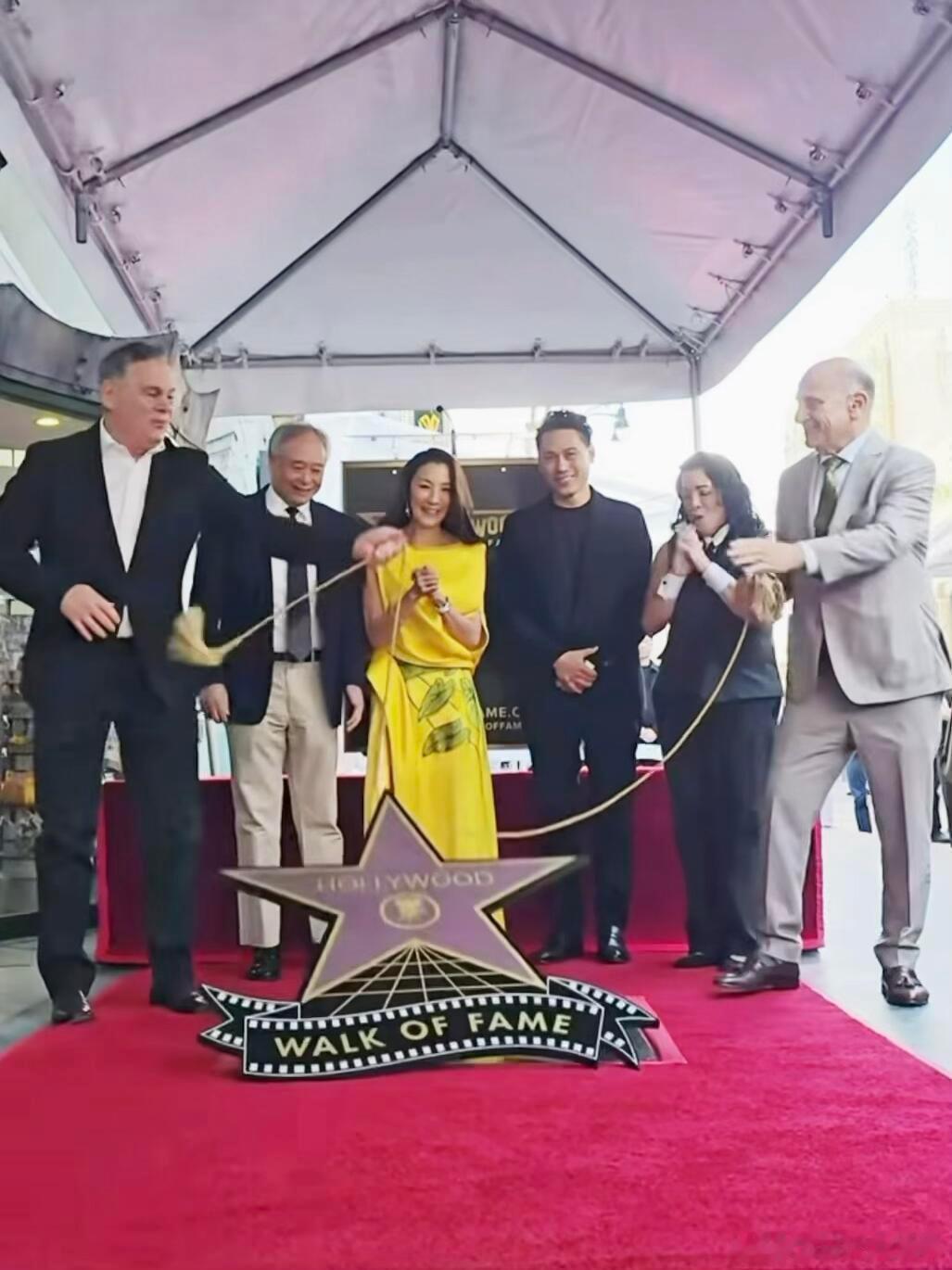 杨紫琼身穿Dior 2025早秋系列黄色连衣裙在好莱坞星光大道留⭐！她也成为继黄