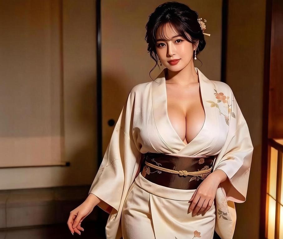 素纱和服轻裹春山，深褐腰带束就温婉。鬓边花钿斜插，耳畔流苏轻晃。暖光透过格窗，在