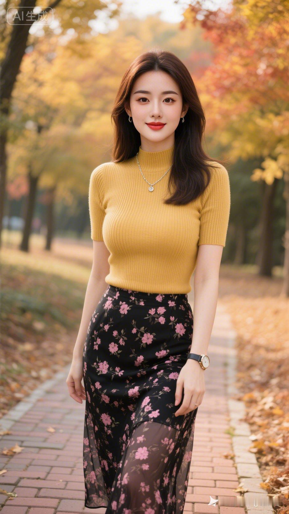 秋日穿搭指南：黄色毛衣+印花长裙，温暖又时尚！🍂👗👠