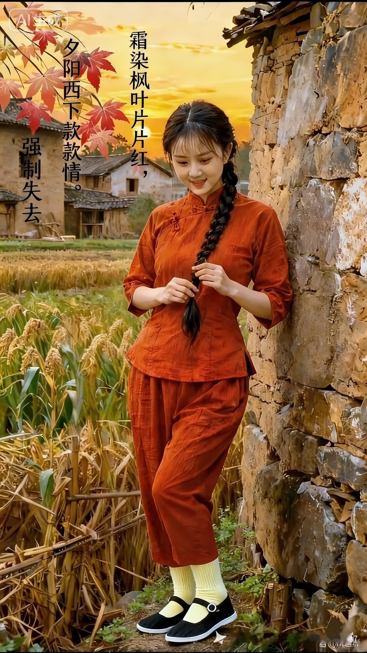 秋日暖阳下，红衣少女倚墙而立，霜染枫叶片片红，强制作情款款去。