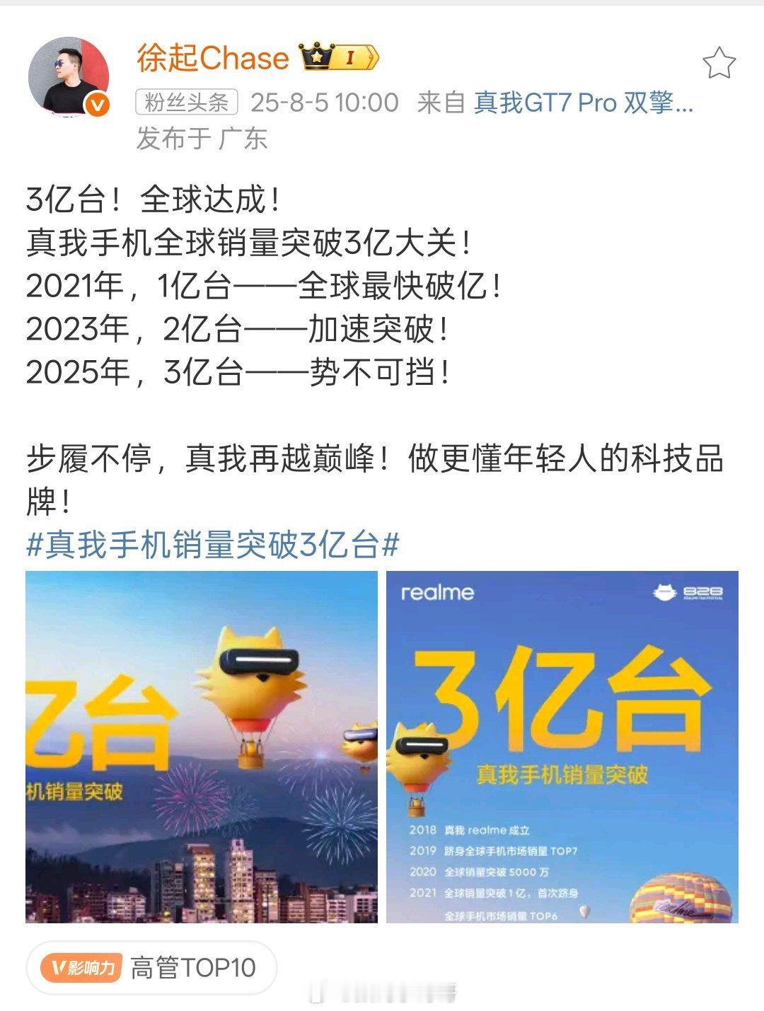 恭喜！恭喜！真我手机销量突破3亿台 ​​​