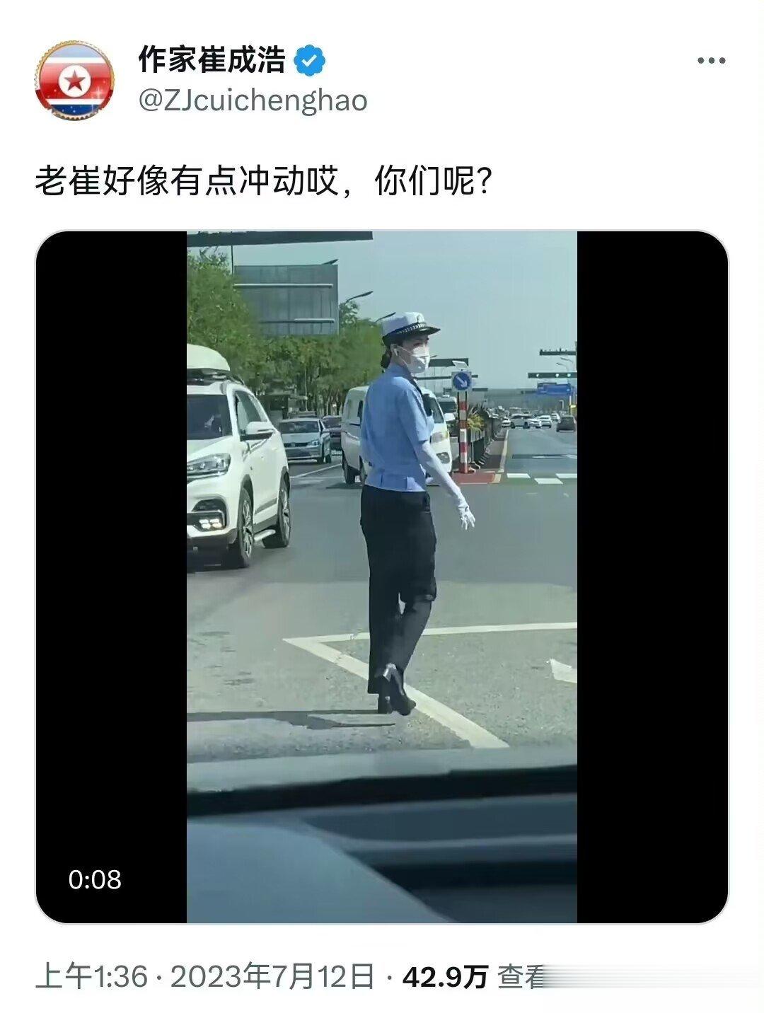 一位女警在烈日下上街路执勤的视频，被内外联动拿来阴阳怪气抹黑。[摊手] ​​​