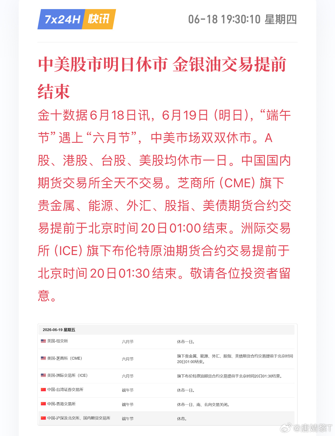 📌 重要休市提醒｜06/19 周五全市场停摆明天周五美股全天休市，原因是六月节