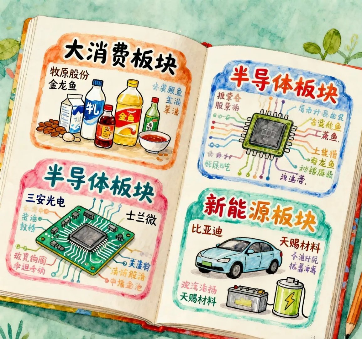 今天可能上涨的3个板块：大消费、半导体、新能源板块，具体分析如下：1. 大消费板