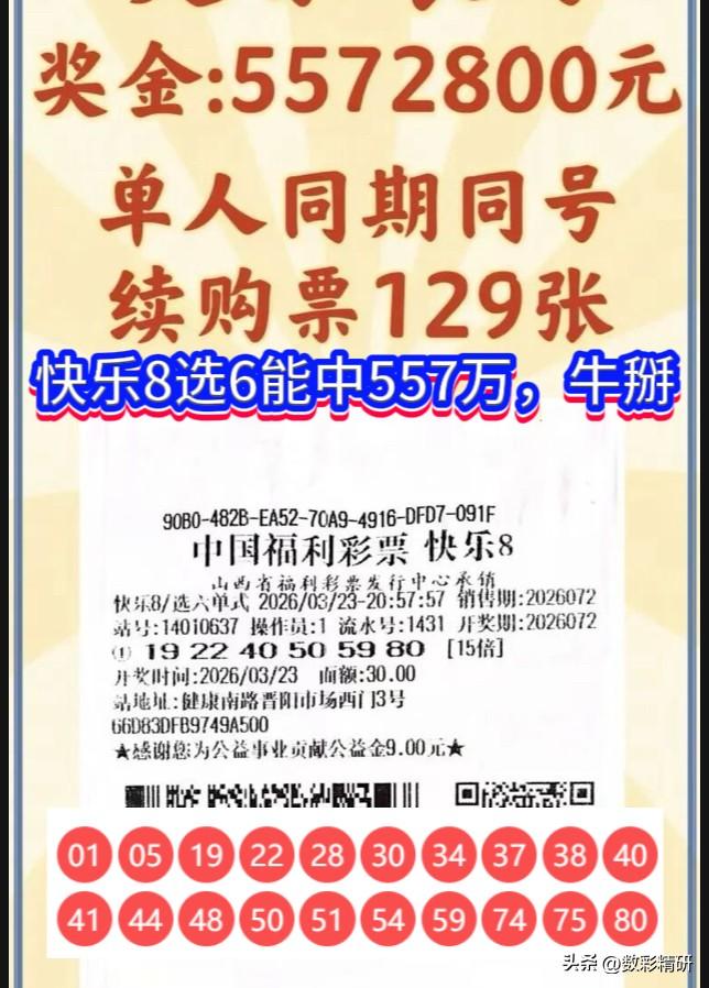 这是我见过快乐8“选六”玩法的最高奖奇迹！在26072期，山西太原一位彩友锁定一