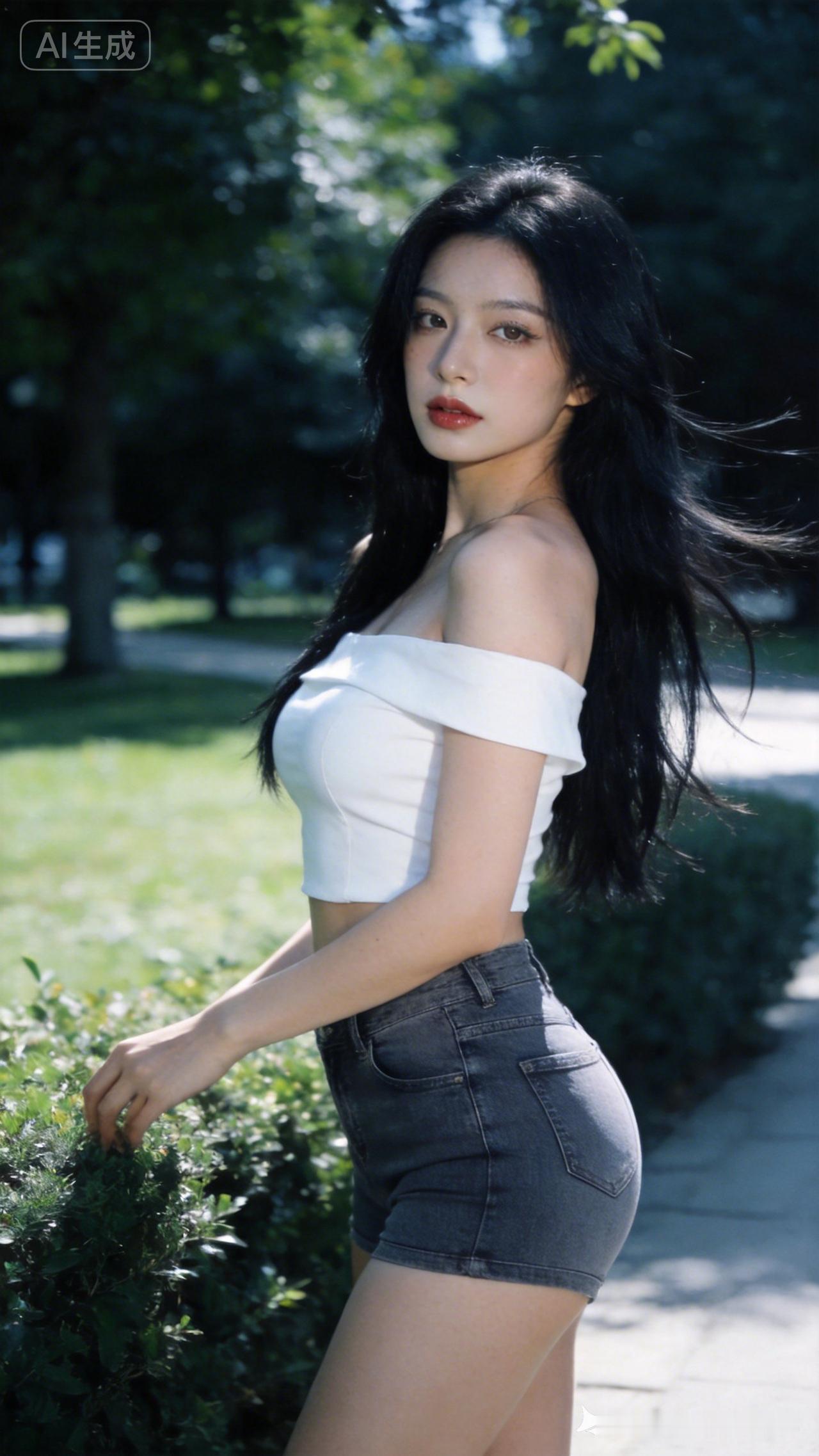 夏日清新穿搭，白色露肩上衣+牛仔短裤，元气满满！🌞👗👖