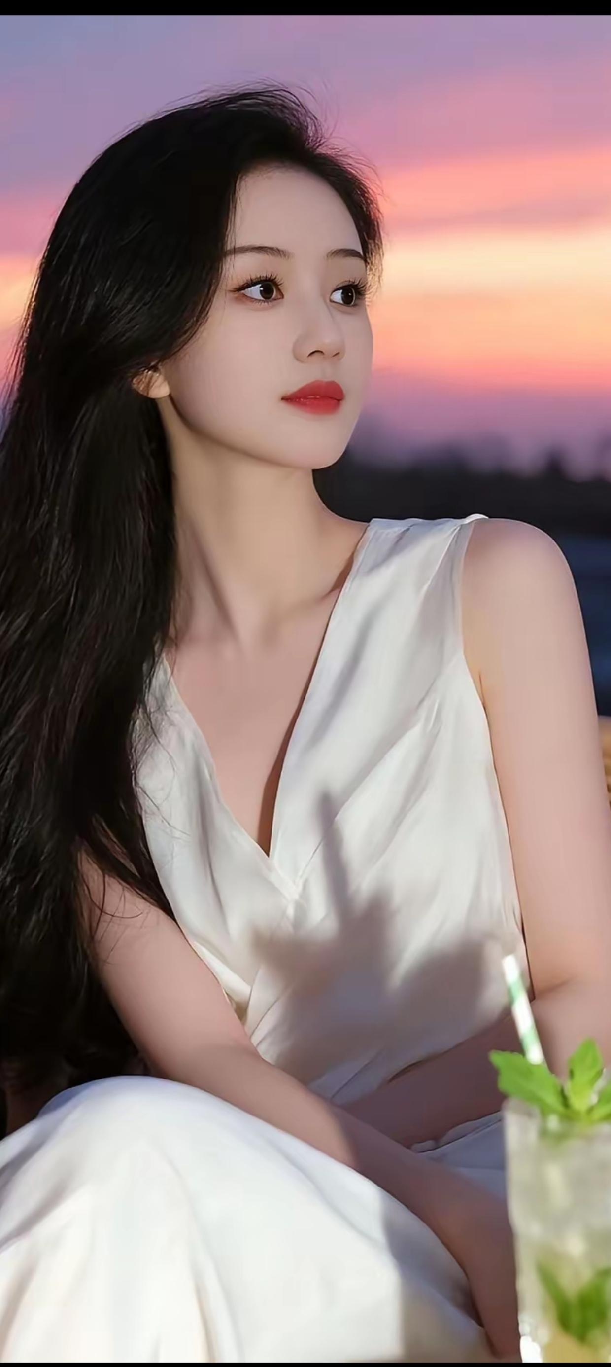 夕阳下，女孩喝着清凉饮料，好惬意。