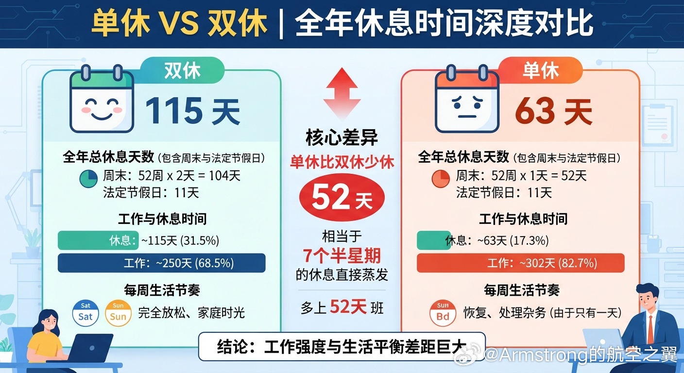 突然意识到双休一年104天 同时，单休一年要比双休少休52天。双休：每周2天，5
