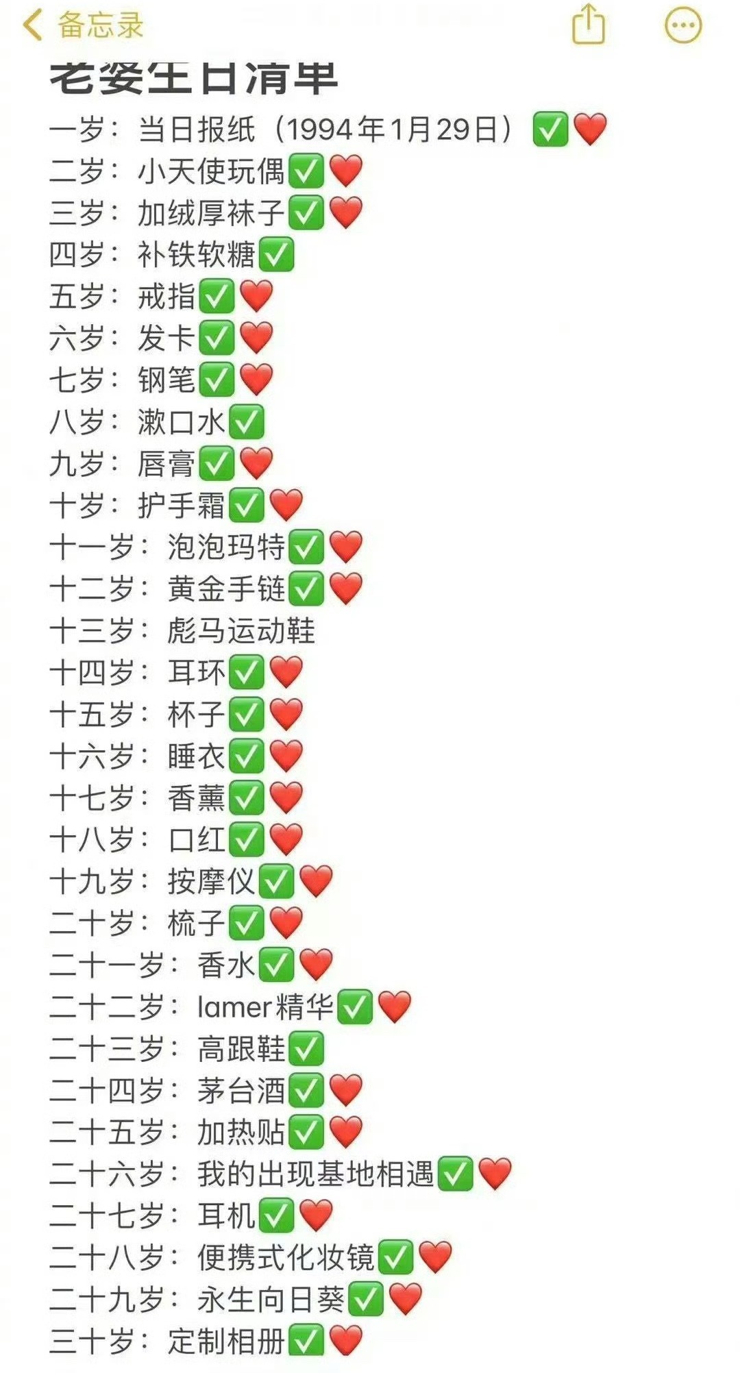 1-30岁生日礼物这件事真的好土，这不是很多年前流行的东西吗？若若发的田雷同款手