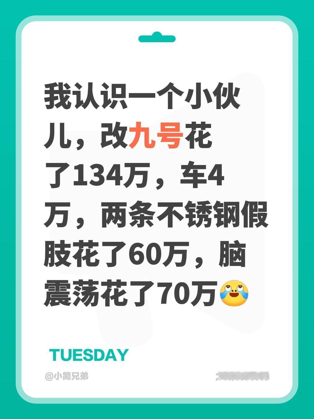 我认识一个小伙儿，改九号花了134万，车4万，两条不锈钢假肢花了60万，脑震荡花