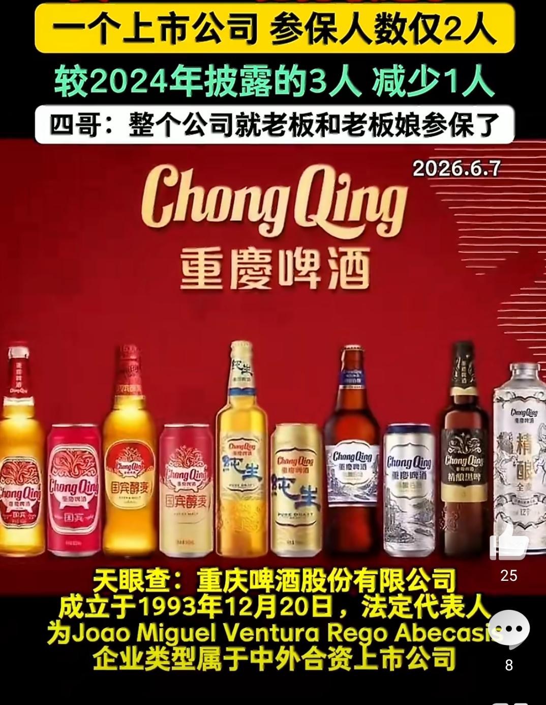 重庆啤酒参保人数仅2人，较2024年披露的3人减少1人