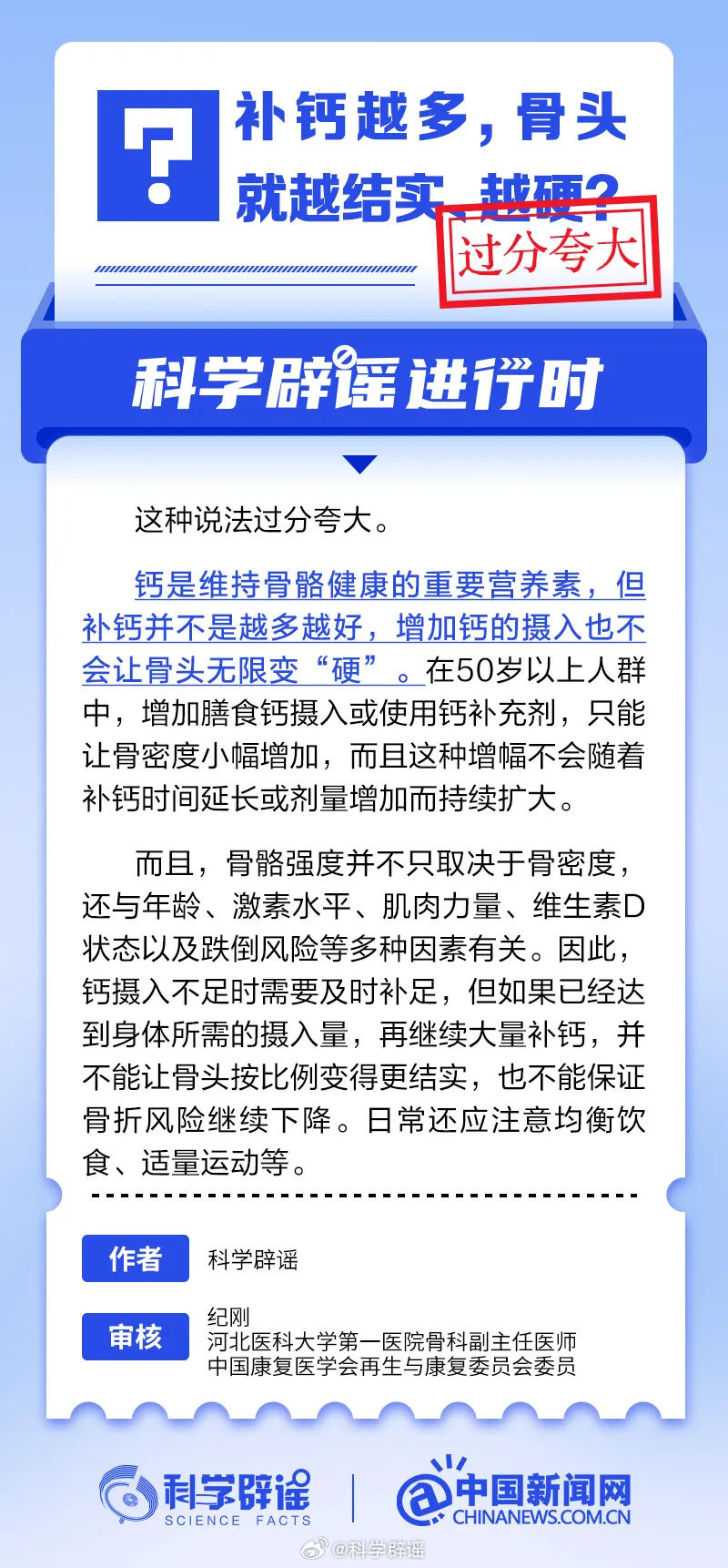 【补钙越多，骨头就越结实、越硬？】科学辟谣进行时这种说法过分夸大。钙是维持骨骼健