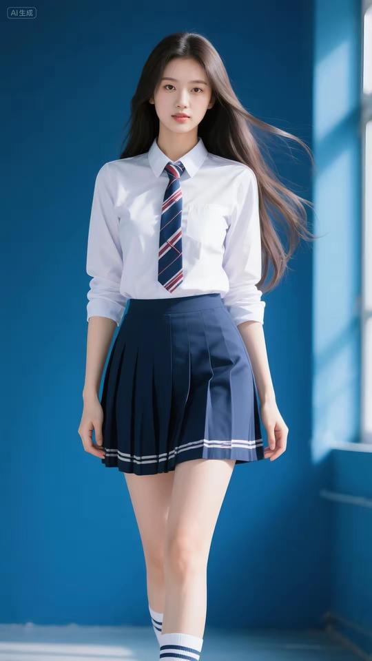 纯色背景，蓝调里的青春学妹 白衫衬梦，格裙藏趣，把校园的纯与真，晕染成画里的清新