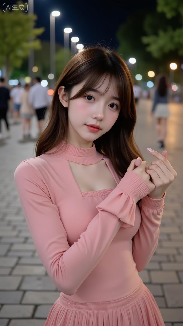 夜晚的街道流光溢彩，暖黄的灯光映照着女孩可爱的笑脸。粉色长裙随风轻摆，身后是熙攘