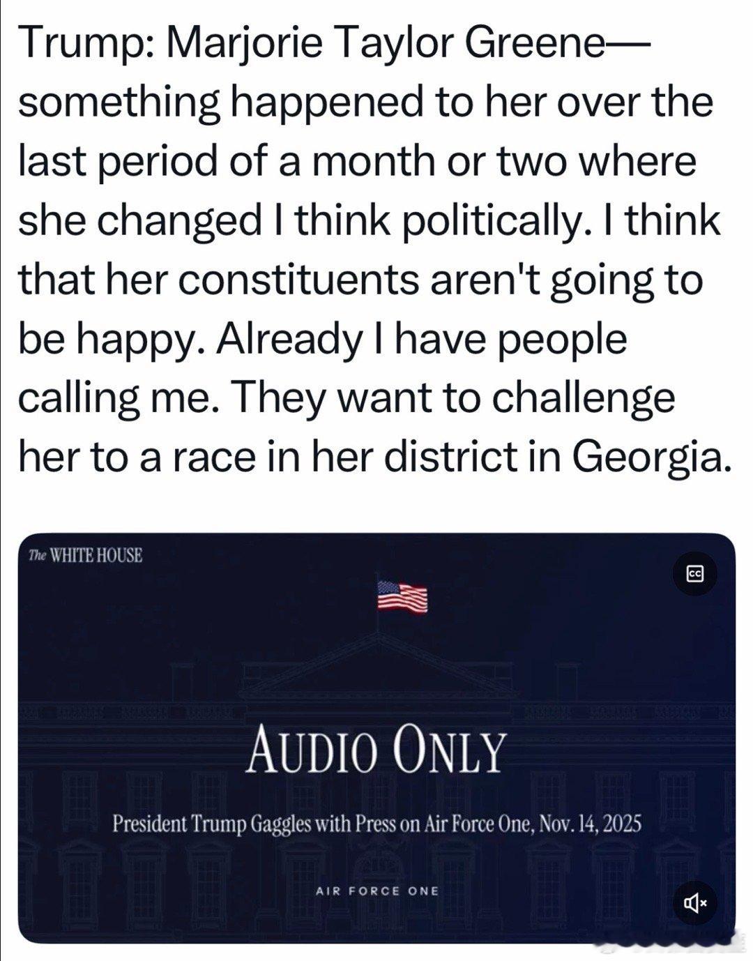 总统在空军一号：Greene最近一两个月，像变了一个人…已经有很多人给我打电话，