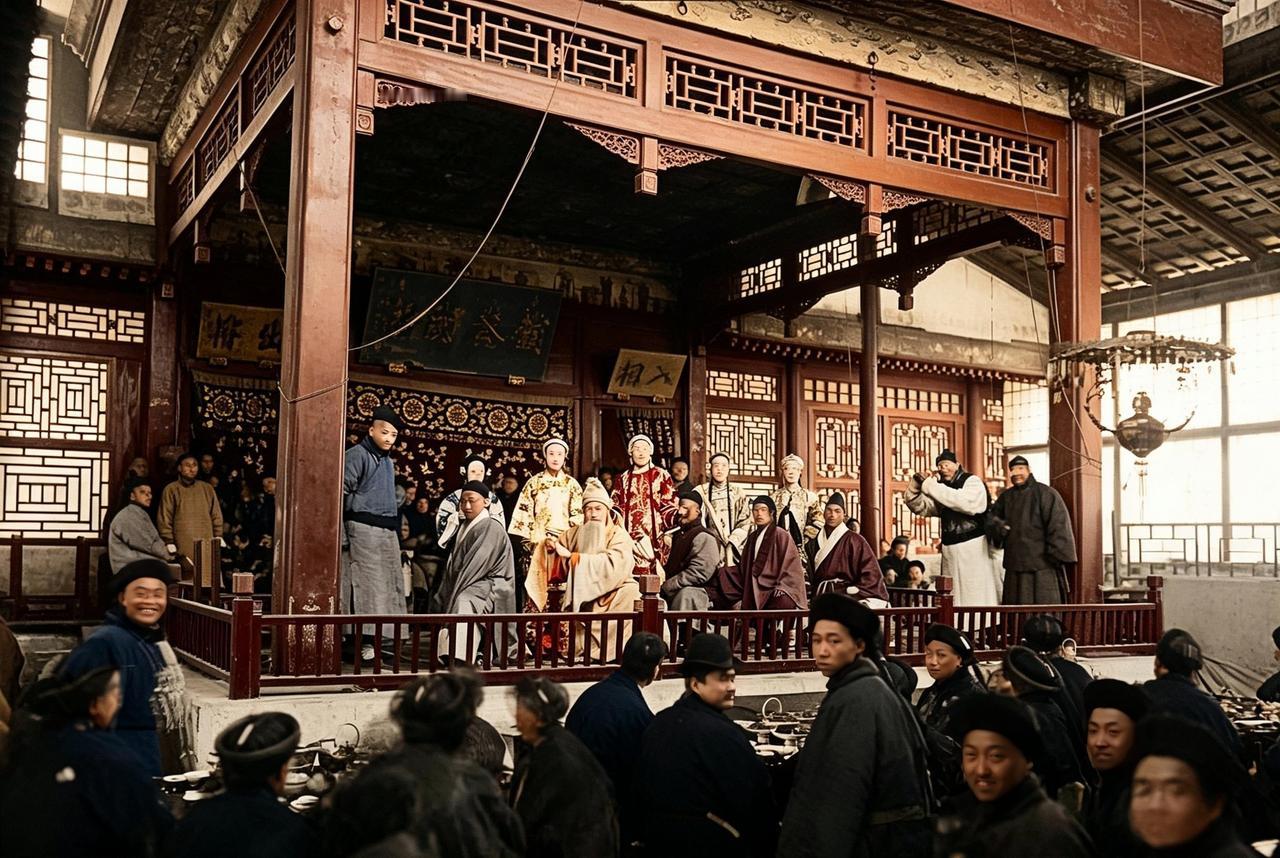 这是老北京金鱼胡同那桐宅第开办堂会，场面相当热闹，其中不乏官场上有头有脸的人物。