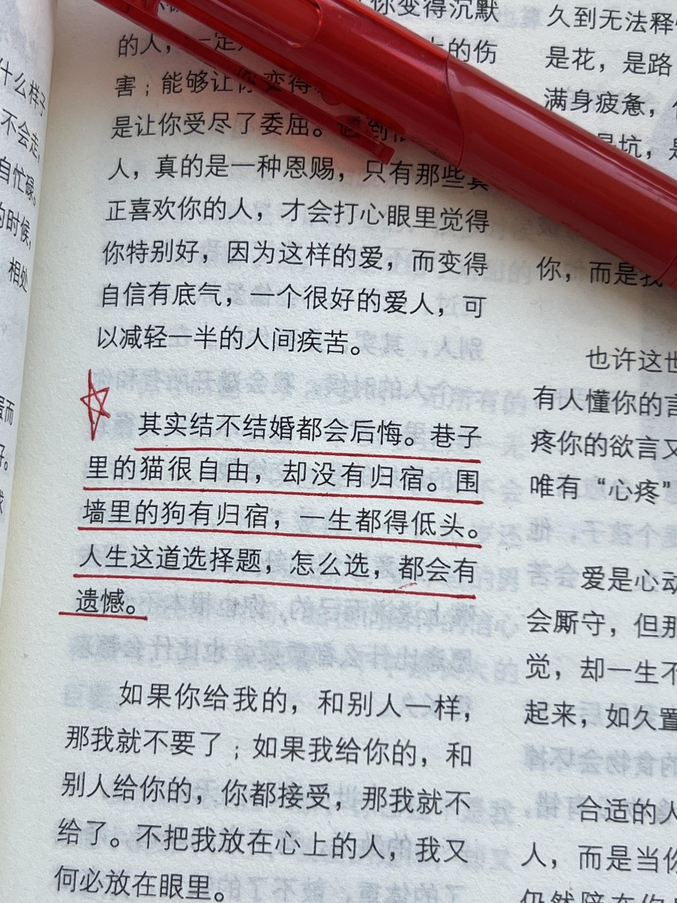 其实结不结婚都会后悔。巷子里的猫很自由，却没有归宿。围墙里的狗有归宿...