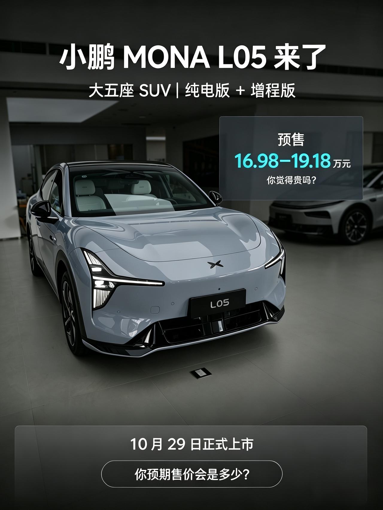 我刚看完小鹏 mona L05的相关信息，定位大五座 SUV，有纯电版和增程版，