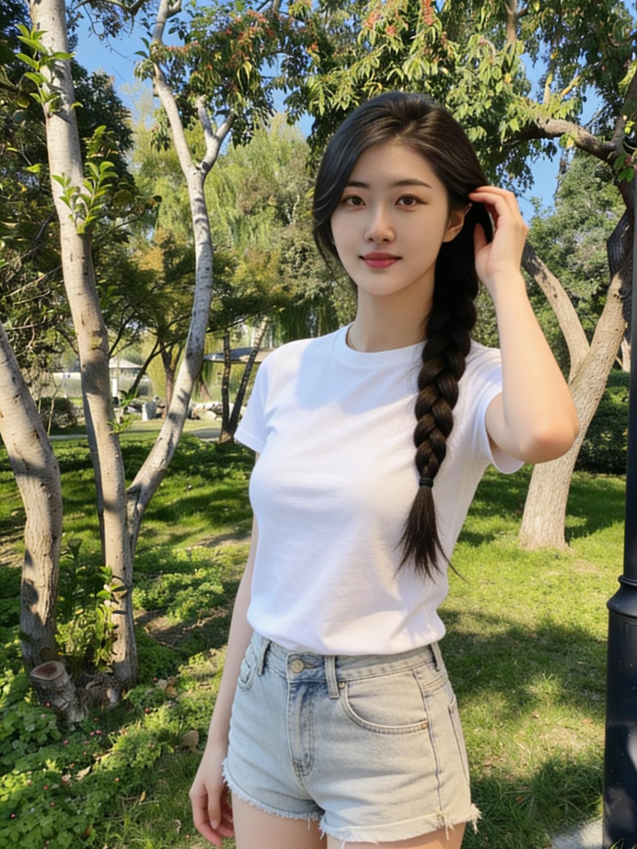 树影婆娑日正长，蝉声初歇屡送凉。
佳人独立绿荫里，笑靥如花映日光。