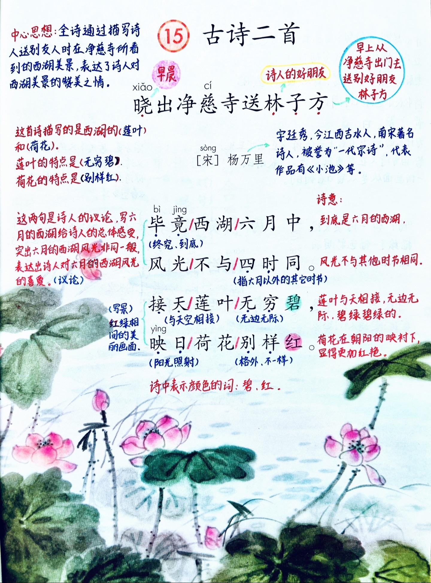 二年级下册《古诗二首》笔记。 1.《晓出净慈寺送林子方》描写的西湖六月...