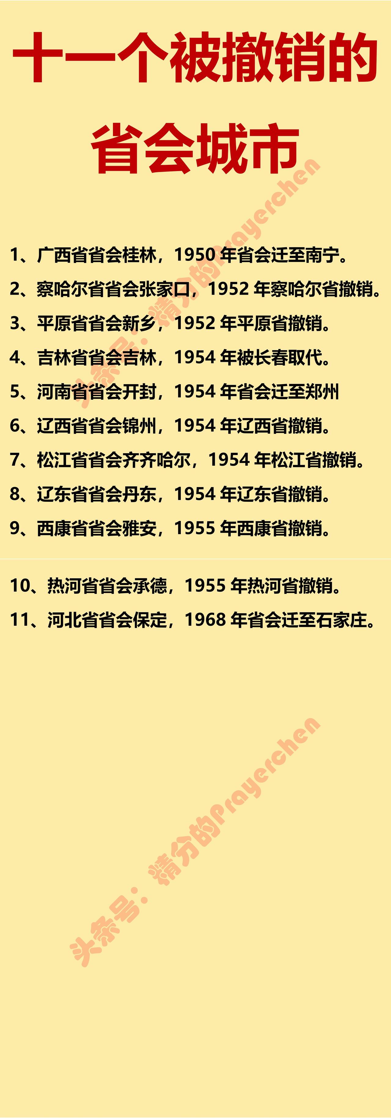 新中国成立后，有11个城市被撤销或迁走了省会地位。

一个省的省会城市是非常重要