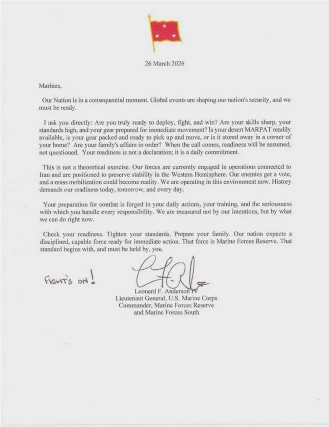 美国海军陆战队预备役司令安德森中将日前致信海军陆战队全体预备役队员，声称美国正处