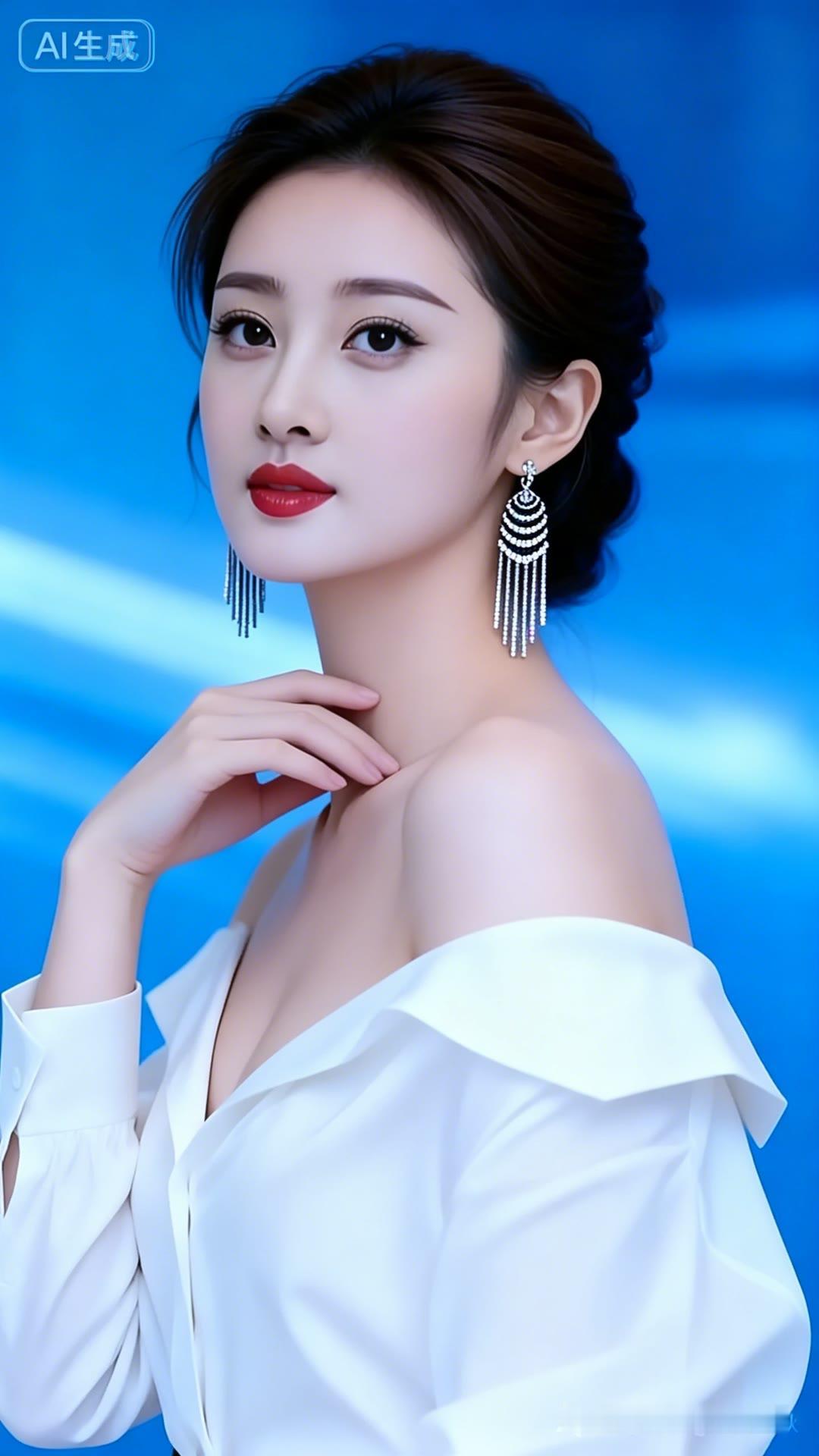 优雅红唇，闪耀耳环，白衣飘逸，气质满分！