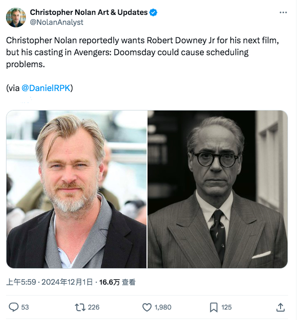 TNABO  漫威大团建：相传克里斯托弗·诺兰还想找小罗伯特·唐尼回归自己下部新