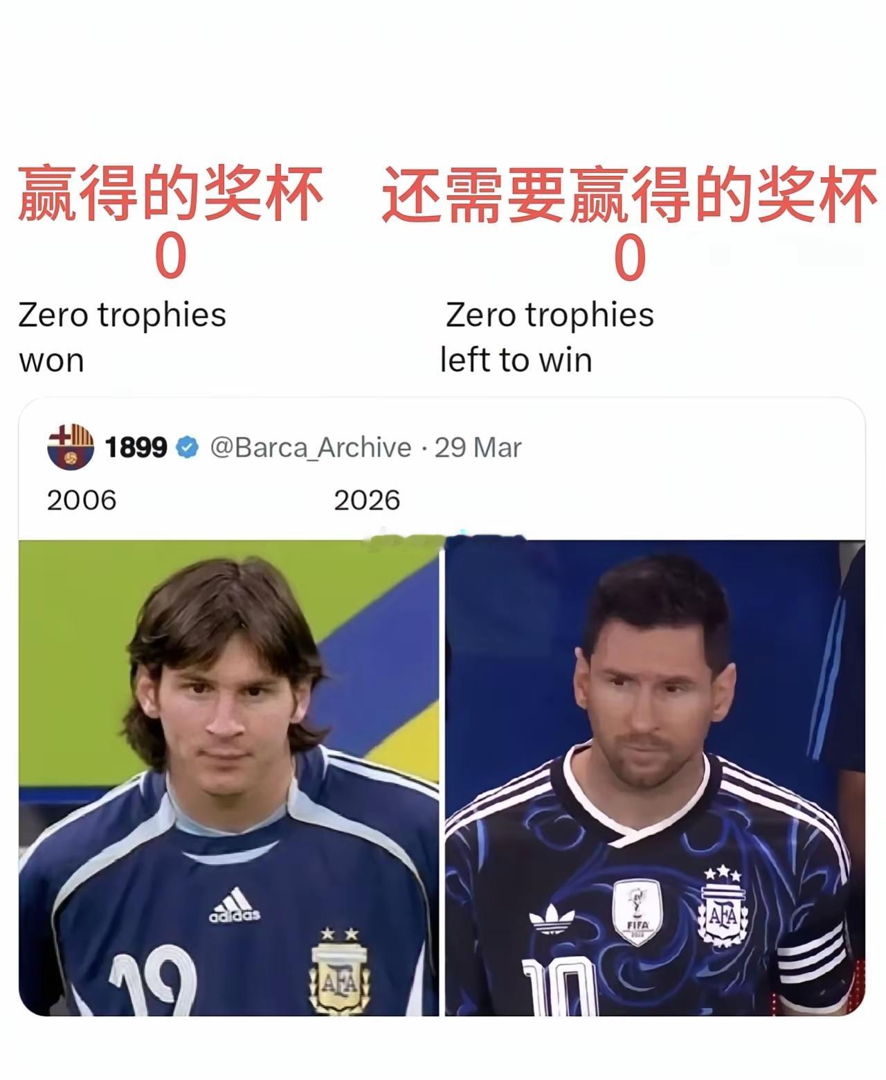 世界杯整整20年，梅西走完一场从0到0的完美闭环。 