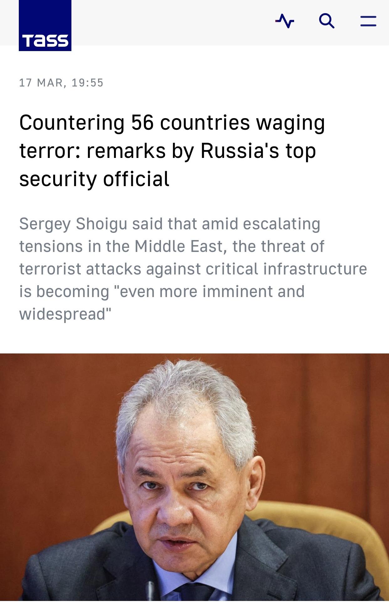 塔斯社：绍伊古谈俄罗斯面临56个国家的恐怖主义活动威胁(讲话摘要)

塔斯社叶卡