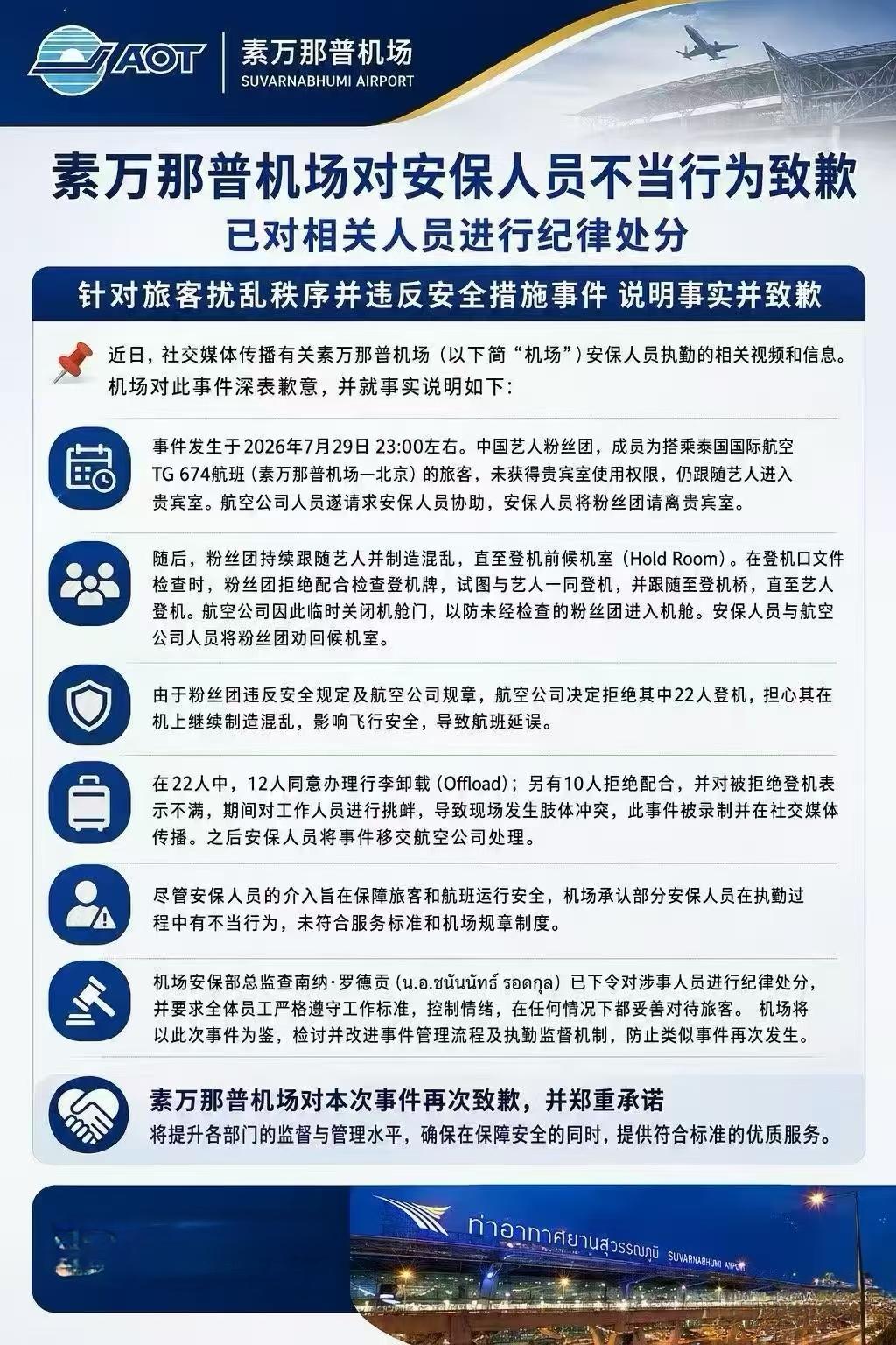 泰航公告了，态度极其强硬。只对拉眼角的保安做内部纪律处分，不给二十二名乘客一分钱