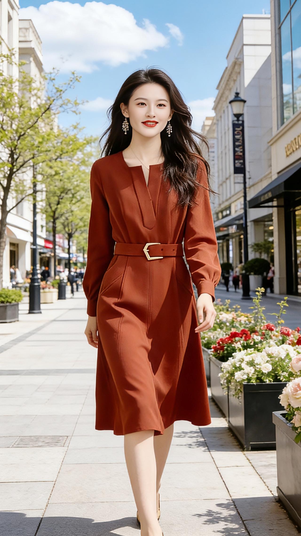 焦糖春行
 
春风掠过都市的街巷，将第一缕暖阳轻轻铺在肩头。我身着一袭焦糖色长裙