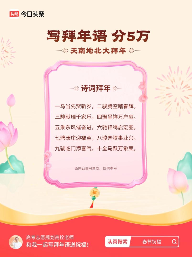 写拜年语送祝福新春拜年送祝福！我的祝福是：“一马当先贺新岁，二骏腾空踏春辉。三騑