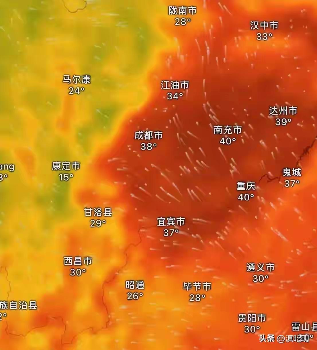热炸了，四川都快赶上印度了！距离成都近的几座城市最低的都冲上了38度，几乎都热成