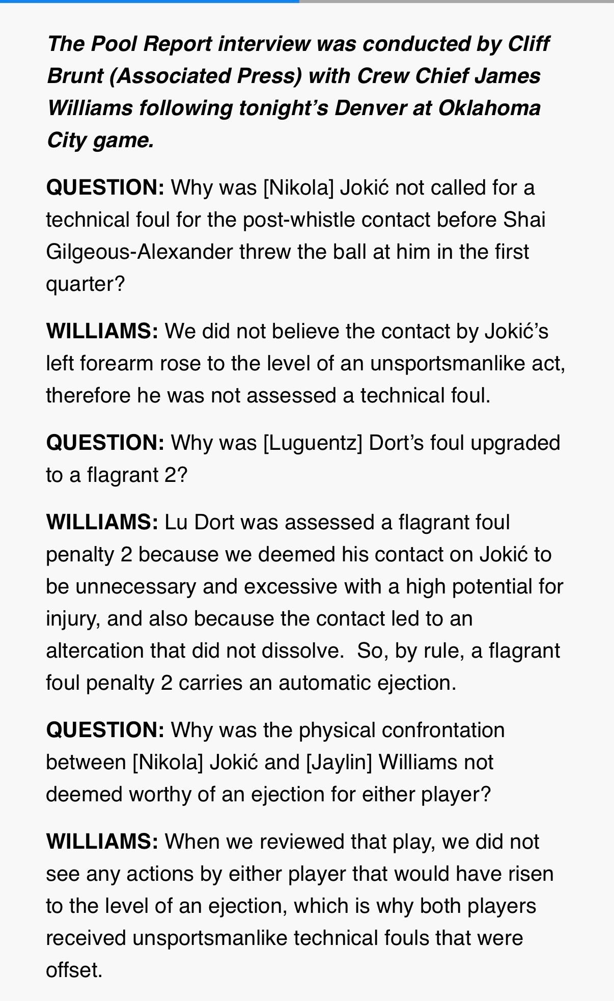 裁判赛后采访报告：这份赛后采访由美联社记者Cliff Brunt在今天掘金对阵雷