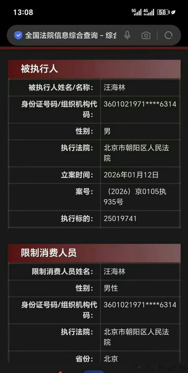 汪海林被限制高消费 北京市朝阳区人民法院公布汪海林限制消费令！汪海林成老赖了，被