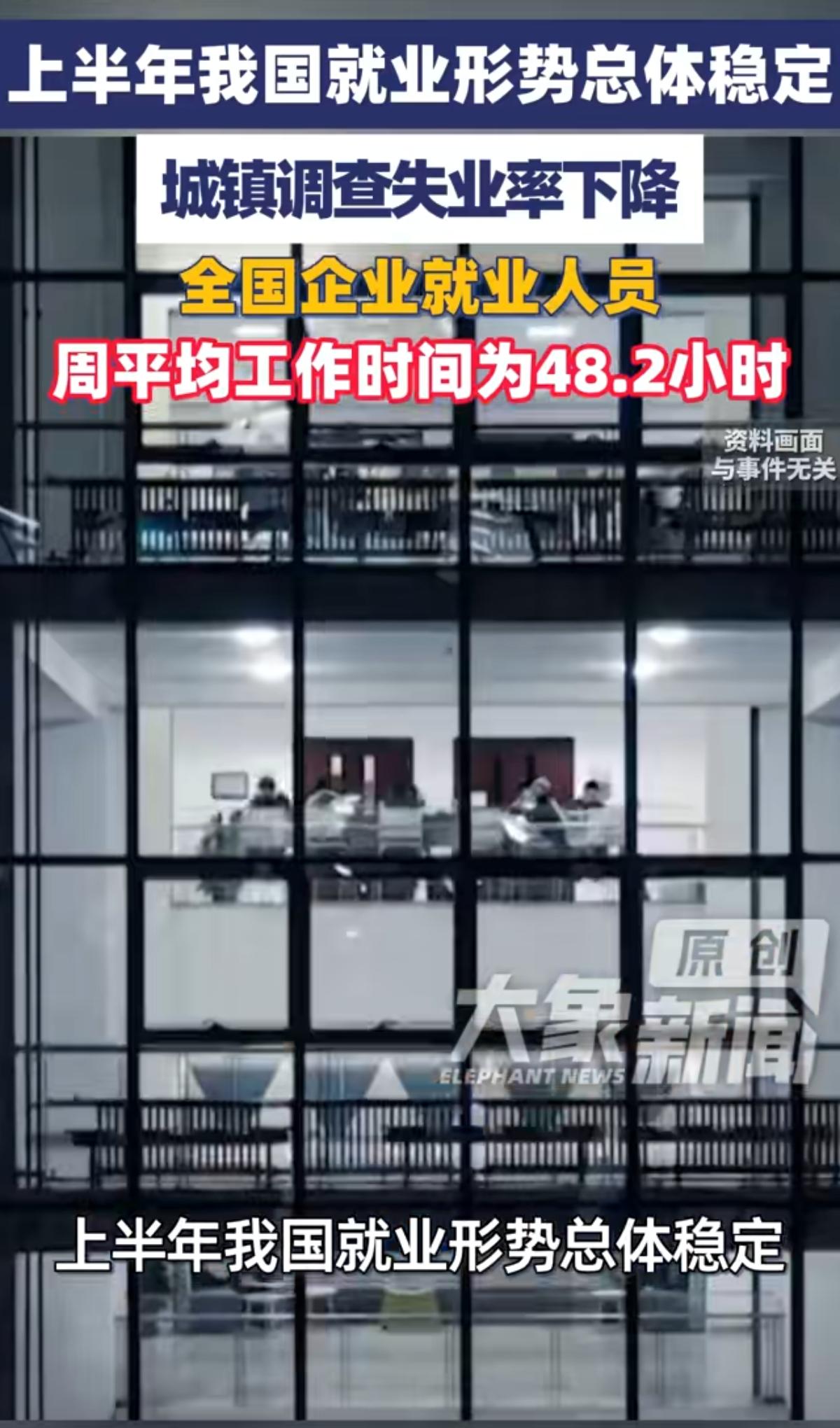 今天公布了上半年的最新数据，
我国失业率持续下降，
全国企业就业人员周平均工作时