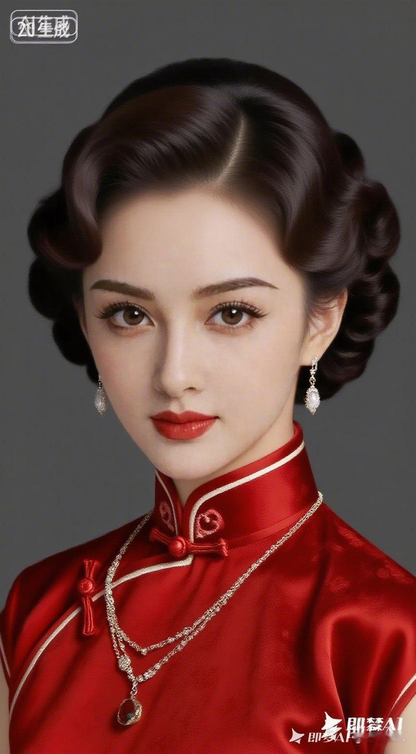 这位女士穿着红色旗袍，妆容精致。