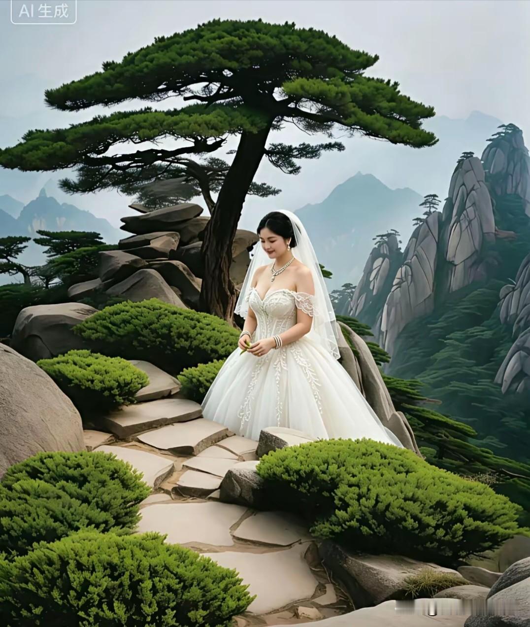 如梦令·松巅婚纱
 
苍岳迎客松遒，素裙轻倚云丘。
黛岫绕烟柔，玉妆静伴清幽。