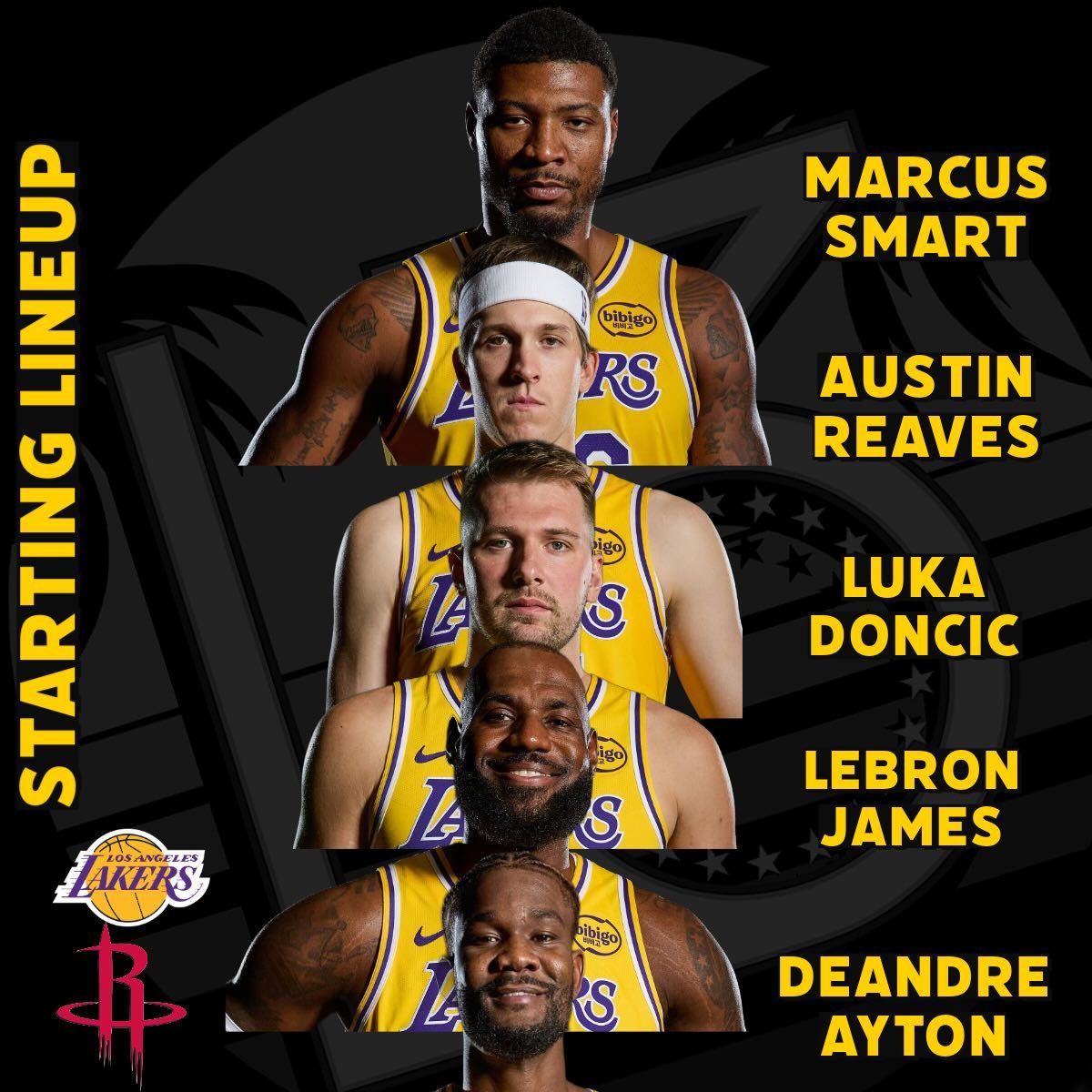 首发不变：东契奇、斯玛特、里夫斯、老詹、艾顿！湖人vs火箭