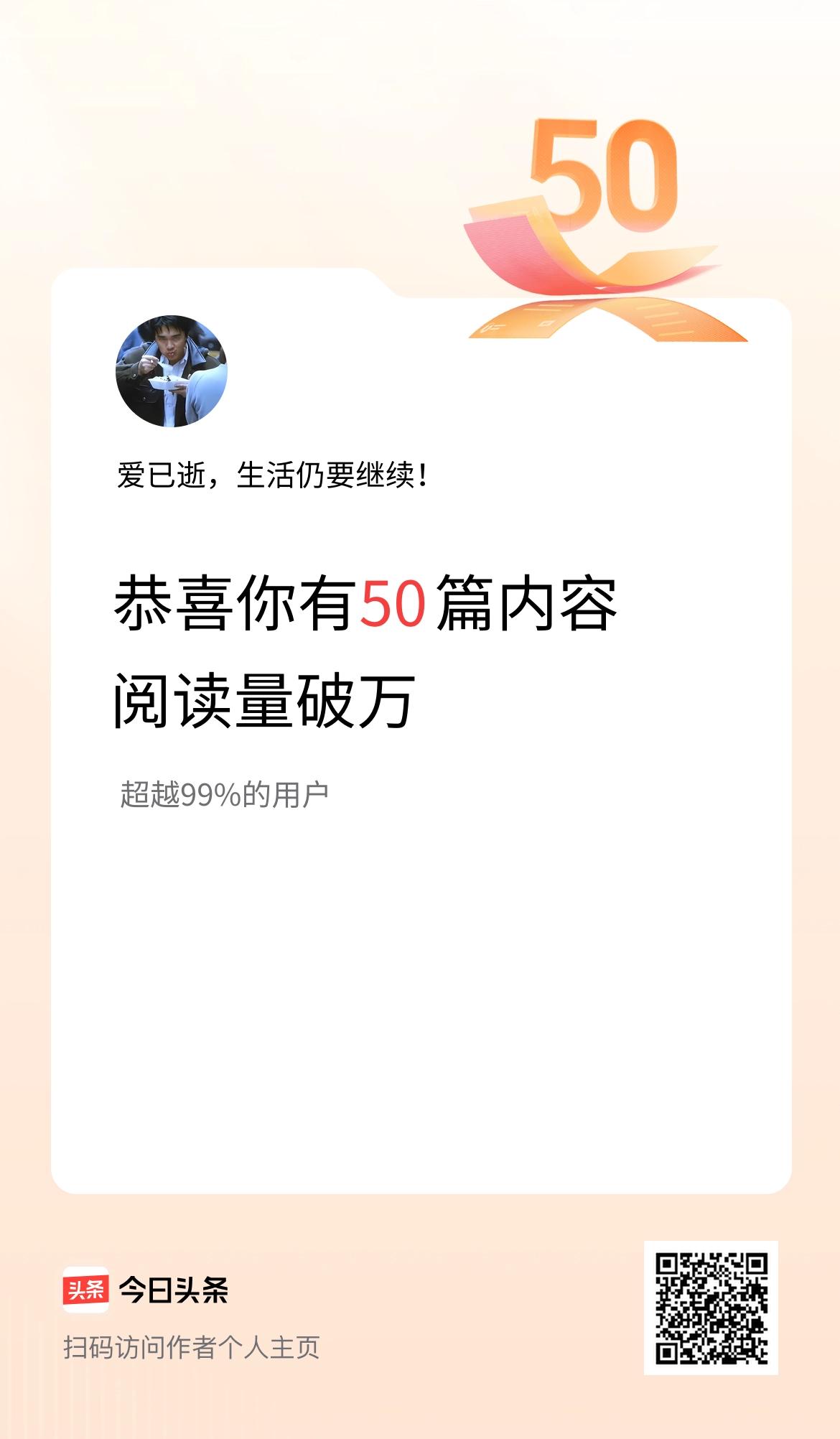 我在头条有50篇内容阅读破万了！